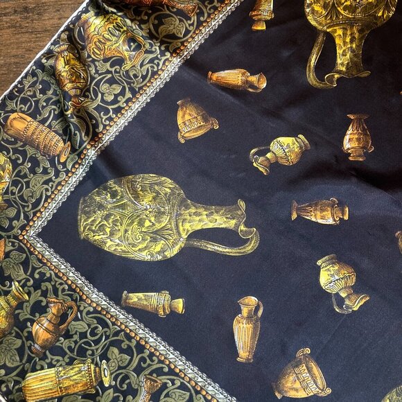 Vintage Black Baroque Square Scarf with Egyptian Urns and Vessels - Picture 4 of 8